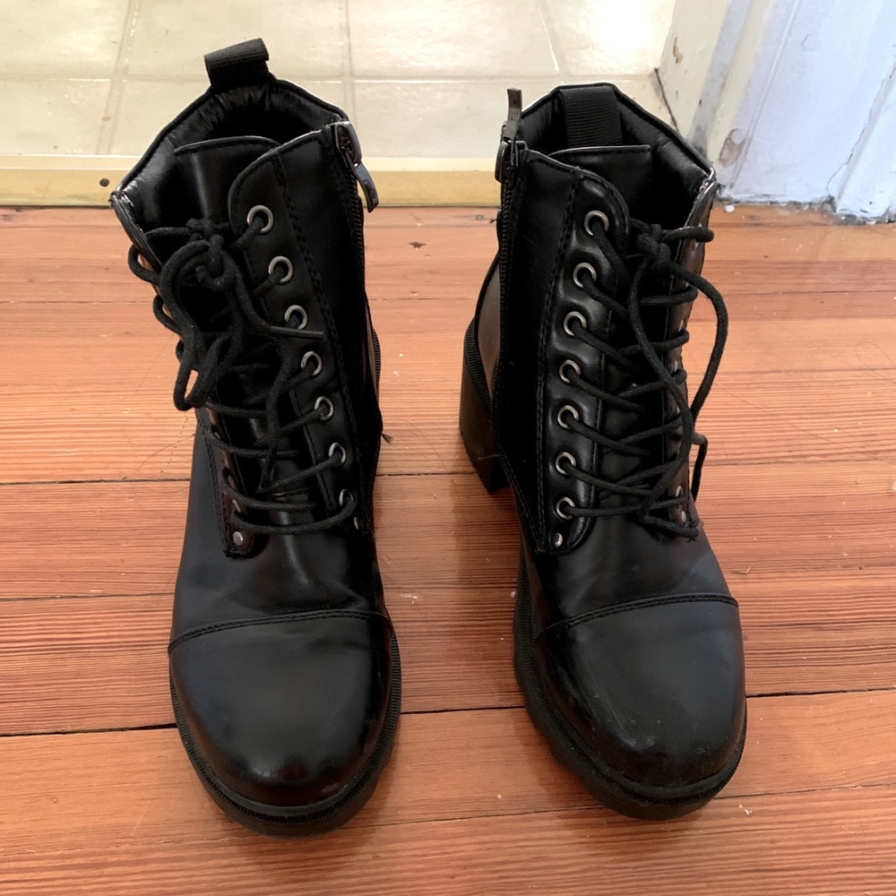 Faux Leather Lace Up Lug Sole Boots - platform